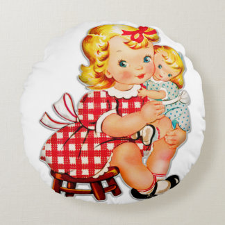 Almofada Redonda Menina retrô boneca vintage criança