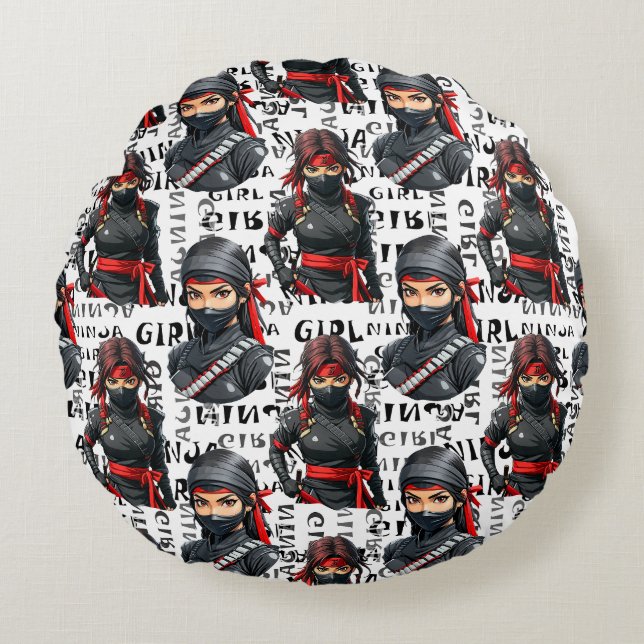Almofada Redonda Meninas Ninja Anime Com Design De Padrão De Texto (Frente)