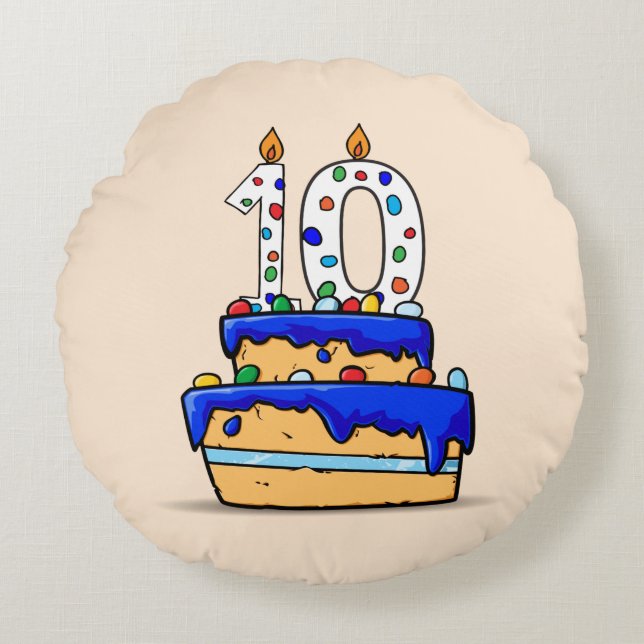 Almofada Redonda Menino 10º aniversário, 10 no Bolo Azul Doce (Frente)