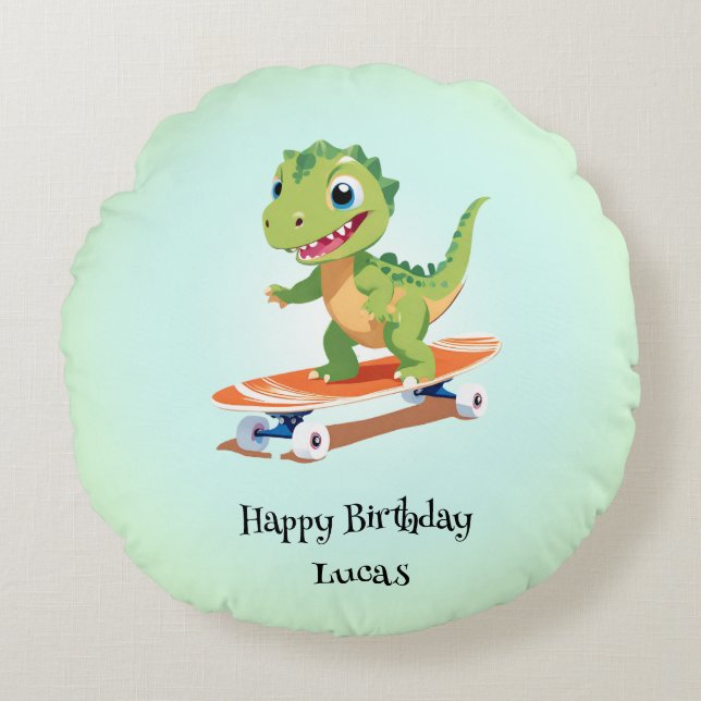 Almofada Redonda Meninos da Festa de aniversário de skate de dinoss (Frente)