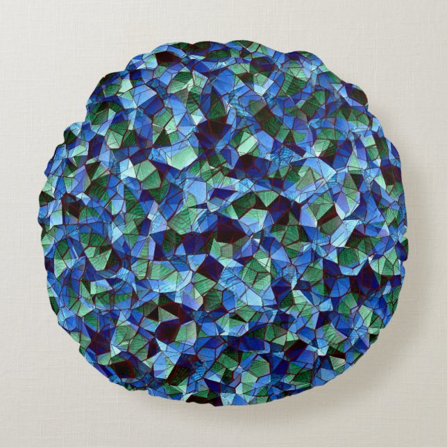 Almofada Redonda Mensagem de mosaico irregular verde e azul sobrepo (Frente)