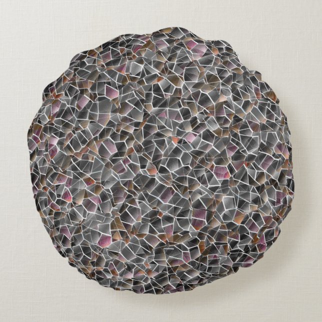 Almofada Redonda Mensagem de salmão cru e mosaico irregular de cinz (Verso)