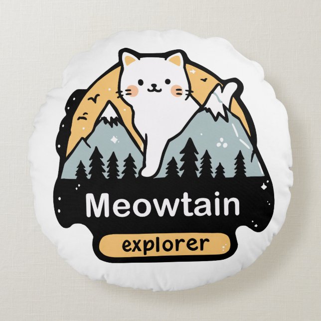 Almofada Redonda Meowtain Explorer – Cute Cat Adventure Design (Frente)