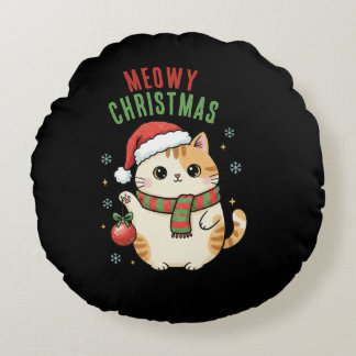 Almofada Redonda Meowy Christmas Cat – Festive Holiday Design