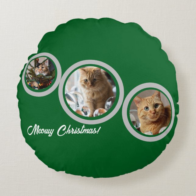 Almofada Redonda Meowy Christmas Three Cats Photos Customize  (Frente)