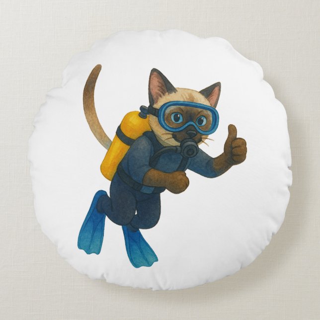 Almofada Redonda Mergulhadores de gato mergulham no mar (Frente)