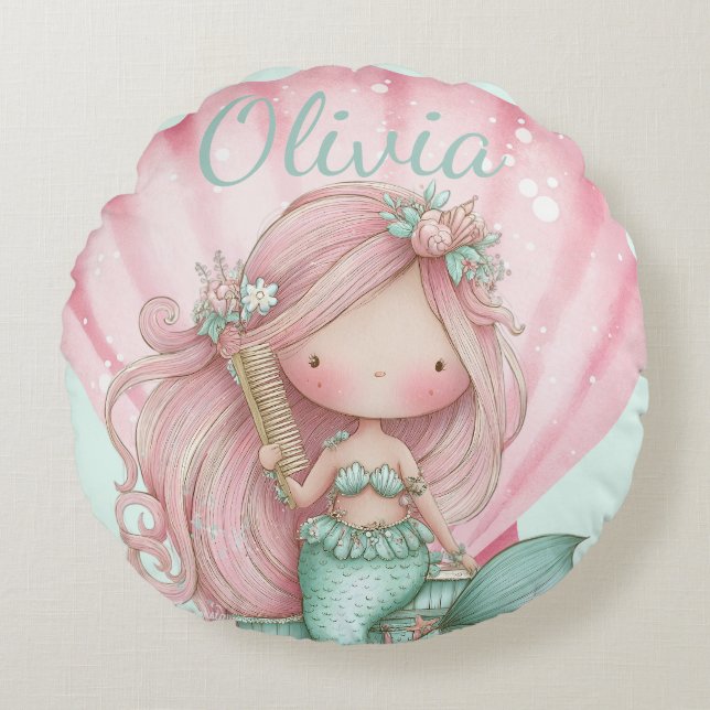 Almofada Redonda Mermaid Seashell Lovers Name  (Frente)