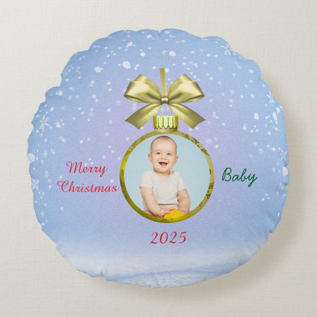 Almofada Redonda Merry Christmas Baby Photo (Frente)