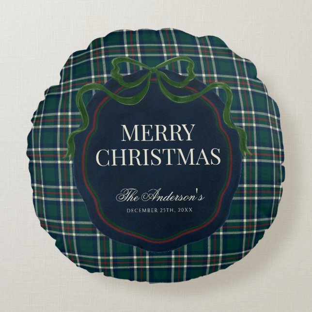 Almofada Redonda Merry Christmas Classic Preppy Tartan Plaid (Frente)