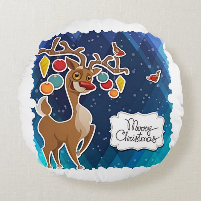 Almofada Redonda Merry Christmas Prancing Reindeer (Frente)
