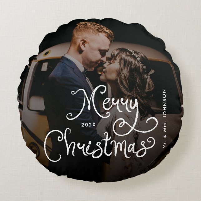 Almofada Redonda Merry Christmas Whimsical Script  Custom Photo  (Frente)