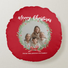 Almofada Redonda Merry Christmas Wreath Photo Personalized Family N