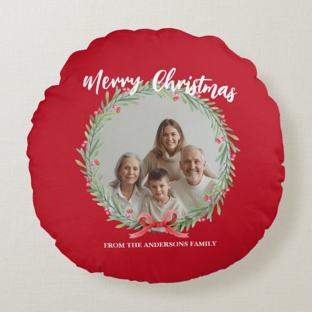 Almofada Redonda Merry Christmas Wreath Photo Personalized Family N (Frente)
