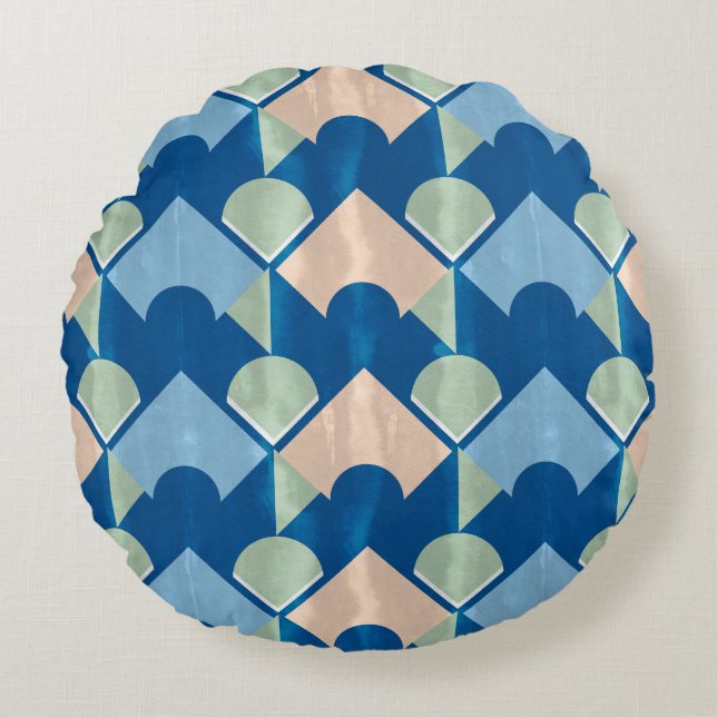 Almofada Redonda Metallic blue geometric diamond shapes  (Frente)