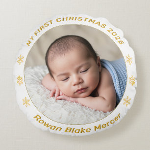 Almofada Redonda Meu Primeiro Natal Dourado Personalizado Foto do B
