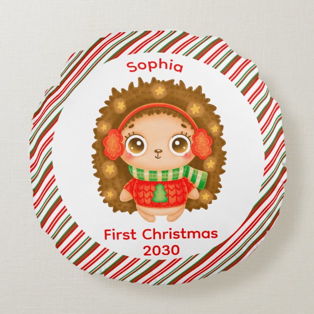 Almofada Redonda Meu primeiro nome de bebê bonitinha de Natal (Frente)