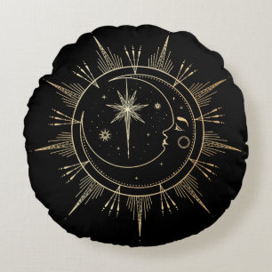 Almofada Redonda Meu Sol e Lua Celestial Faux Dourado Preto