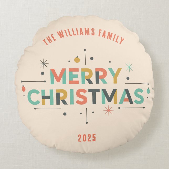 Almofada Redonda Mid-Century Merry Christmas – Retro Style (Frente)