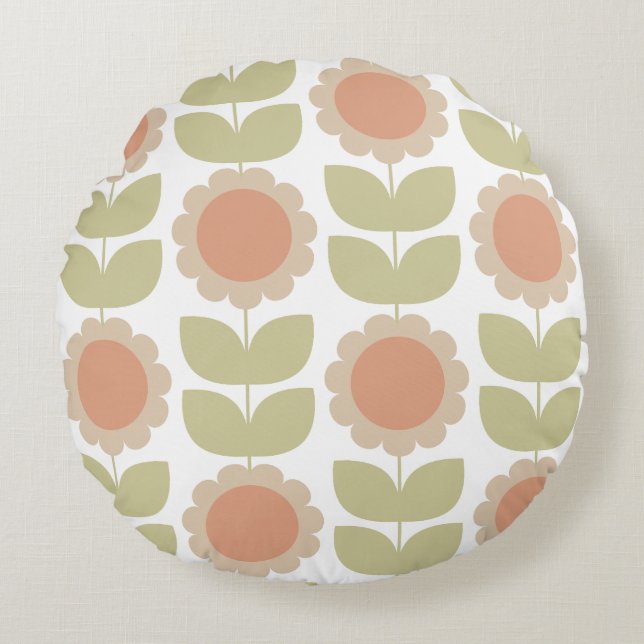 Almofada Redonda  Mid-Century Pastel Pink Retro Floral Pattern (Frente)