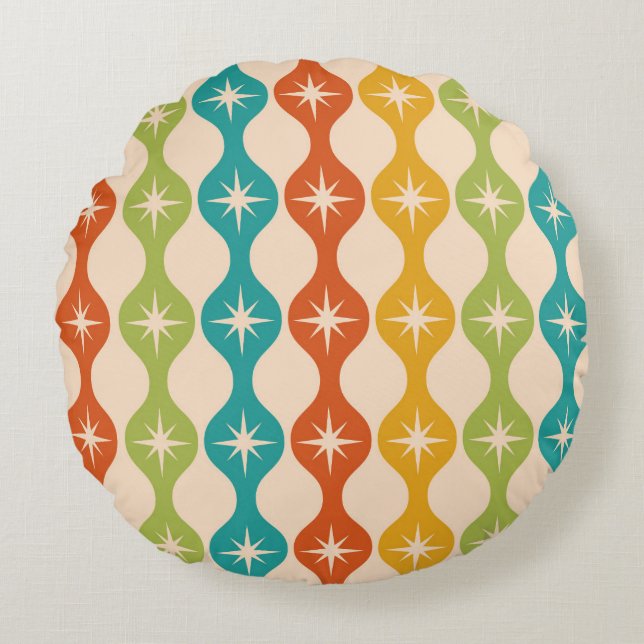Almofada Redonda Mid Century Retro Starbursts on ogee pattern  (Frente)