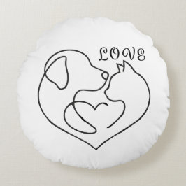 Almofada Redonda Minimalist Dog and Cat Heart - One Line Art Design