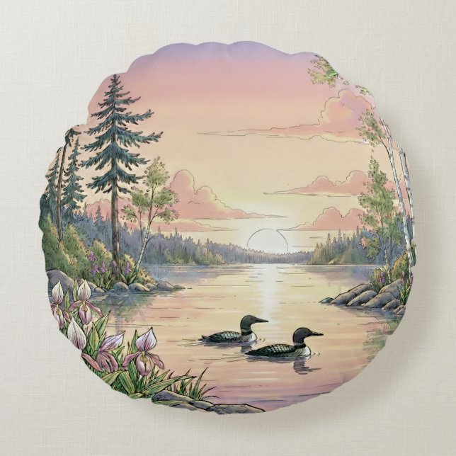 Almofada Redonda Minnesota Lake Sunset with Loons, Throw Pillow (Frente)