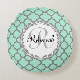 Almofada Redonda Mint Green Cinza Quatrefoil Nome Monograma Laurel