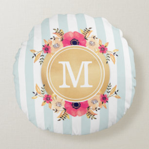 Almofada Redonda Mint Stripes Aquarela Flores Falso Monograma Doura