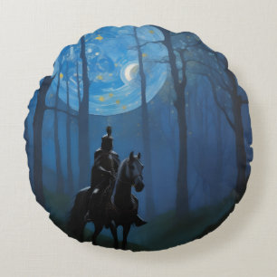Almofada Redonda Misterioso Cavaleiro Negro na Floresta Lua