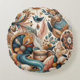 Almofada Redonda Mistura boêmica de chá, magenta, flores roxas