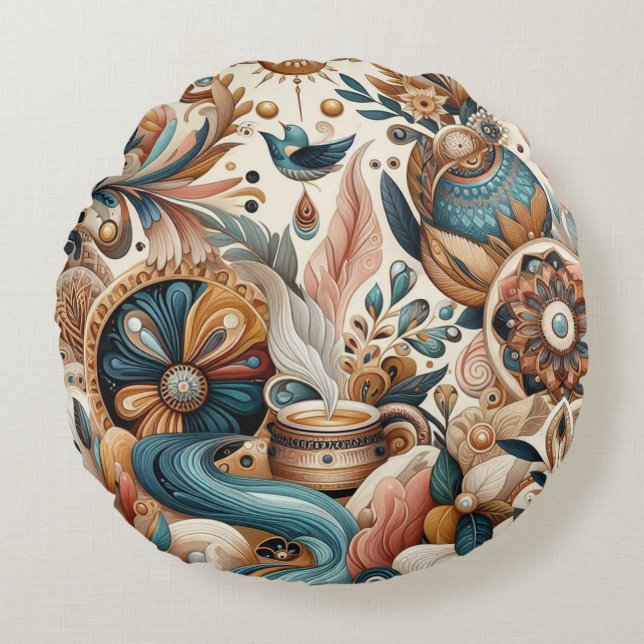 Almofada Redonda Mistura boêmica de chá, magenta, flores roxas (Frente)