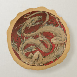 Almofada Redonda Mitologia Vintage, Dragão Asiático Antigo Dourado
