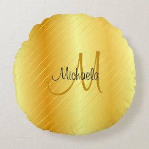 Almofada Redonda Modelo Moderno Elegante de Monograma Dourado Faux
