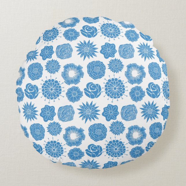 Almofada Redonda Modern Blue Flowers Stylish Motif Round Pillow (Frente)