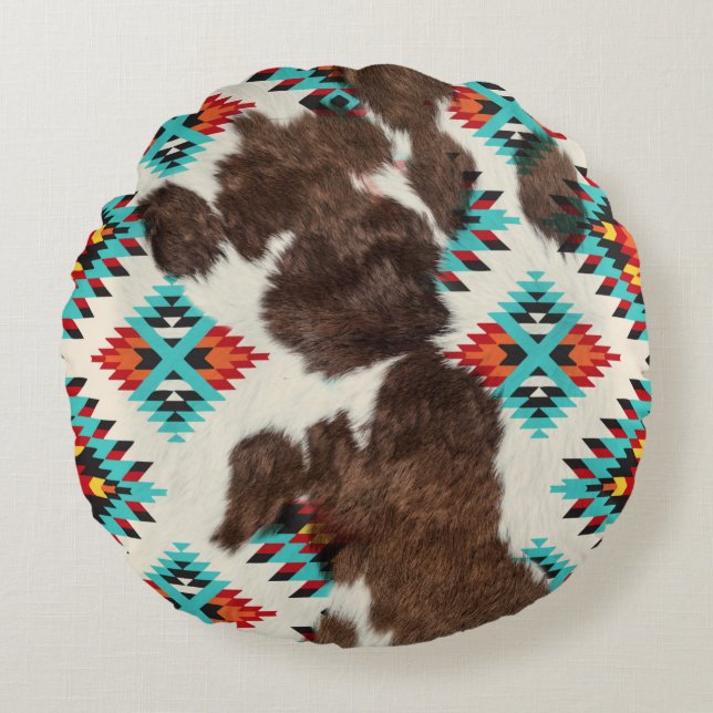 Almofada Redonda Modern Boho Southwest Cowhide Aztec Padrão (Frente)