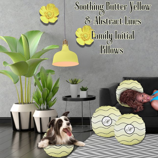 Almofada Redonda Modern Calligraphy Initial Butter Yellow Ombré (Creamy butter yellow round pillow with wavy, black, abstract lines, and calligraphy family initial)