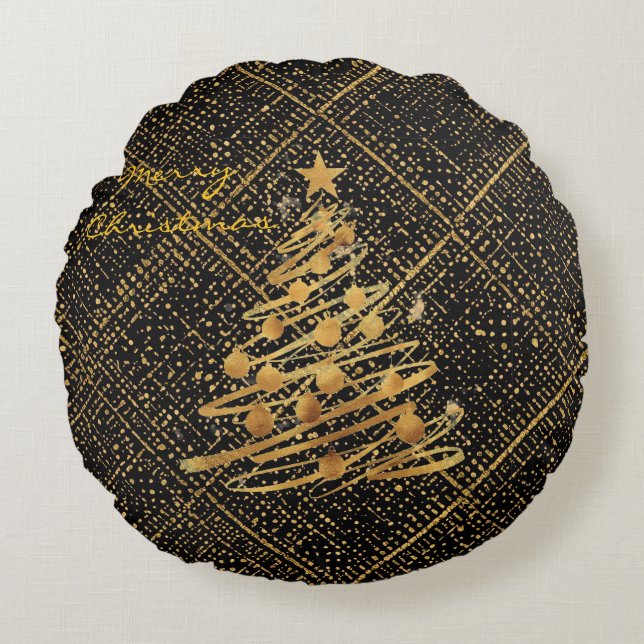 Almofada Redonda Modern, Chrismas Tree, Black Gold Cross Pattern  (Frente)