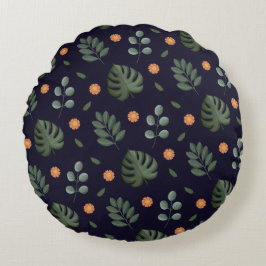 Almofada Redonda Modern Navy Blue Botanical Leaf Round Pillow