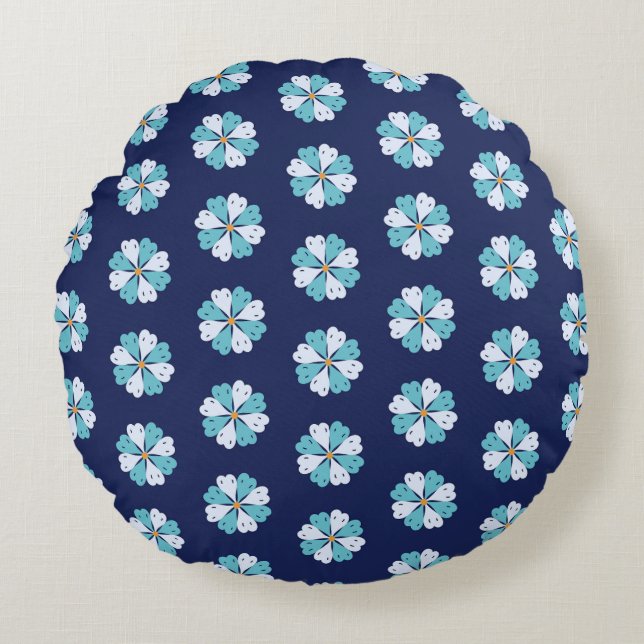 Almofada Redonda Modern Teal And Blue Floral Motif (Frente)