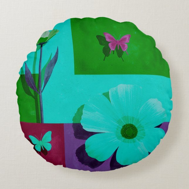 Almofada Redonda Modern Teal Floral Garden Round Pouf (Frente)