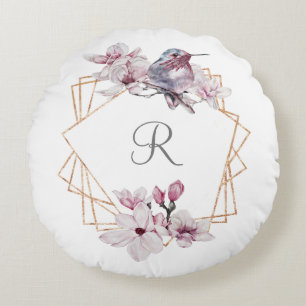 Almofada Redonda Moldura Dourada de Magnólias Rosa Branco Monograma