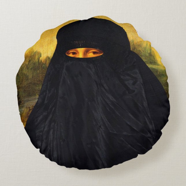 Almofada Redonda Mona Lisa escondida atrás do Burqa (Verso)