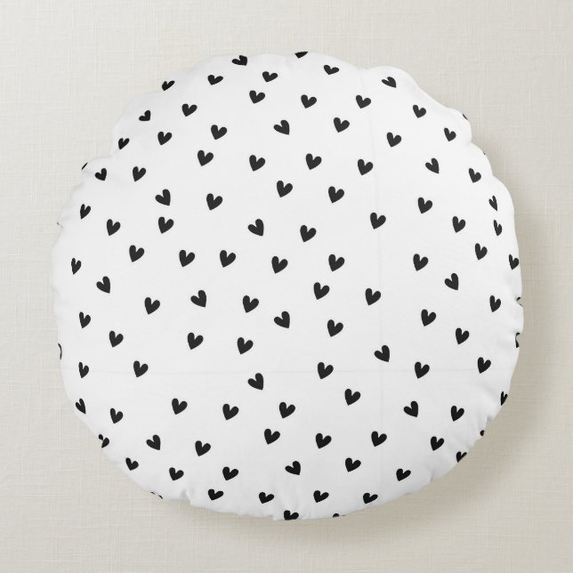 Almofada Redonda Monochrome Black and White Heart Pattern (Frente)