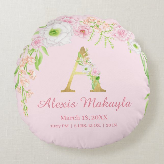 Almofada Redonda Monogram Watercolor Baby Stats (Frente)