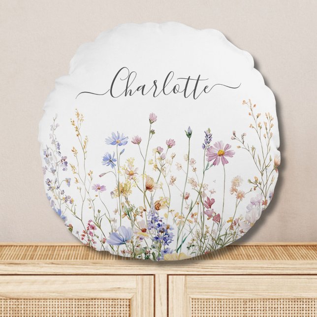 Almofada Redonda Monograma Aquarela Campo de Flor Bonito Russo (In situ)