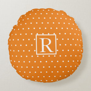 Almofada Redonda Monograma Bolinhas brancas cor laranja inicial