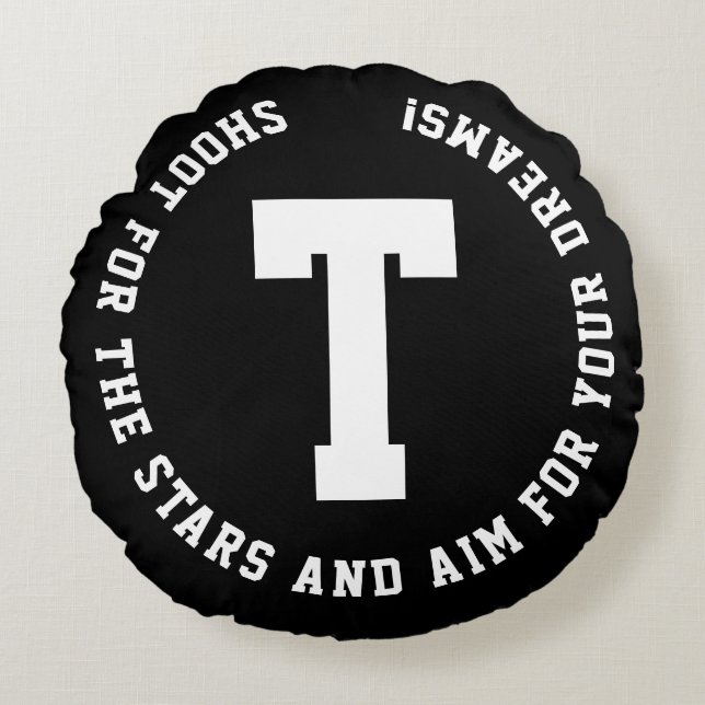 Almofada Redonda Monograma Branco e Preto Inspiração Esportiva Mode (Frente)