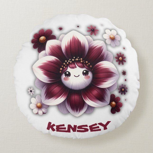 Almofada Redonda Monograma Brilhante e Flor Branca em Branco | (Frente)