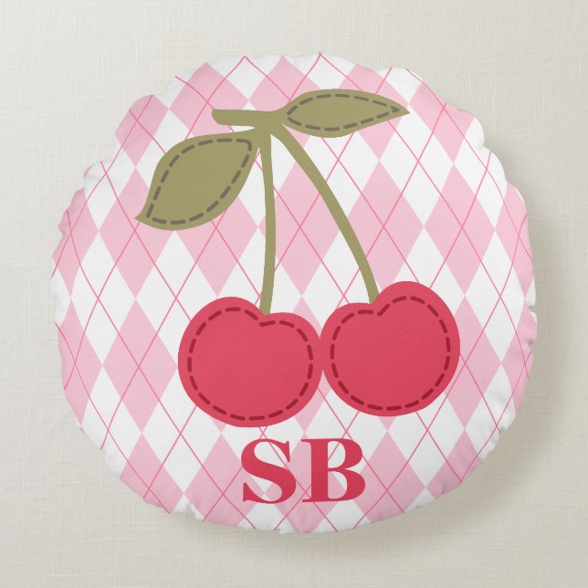 Almofada Redonda Monograma Coquette Cherry Pink Jacquard (Frente)