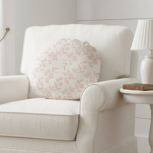 Almofada Redonda Monograma de Chintz de Papel de Rosa vermelha Eleg